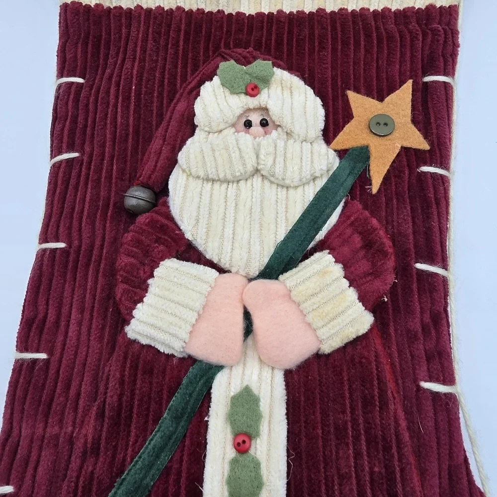 Santa‎ Claus Christmas Stocking Ribbed Corduroy Country Farmhouse Folk Art Vtg